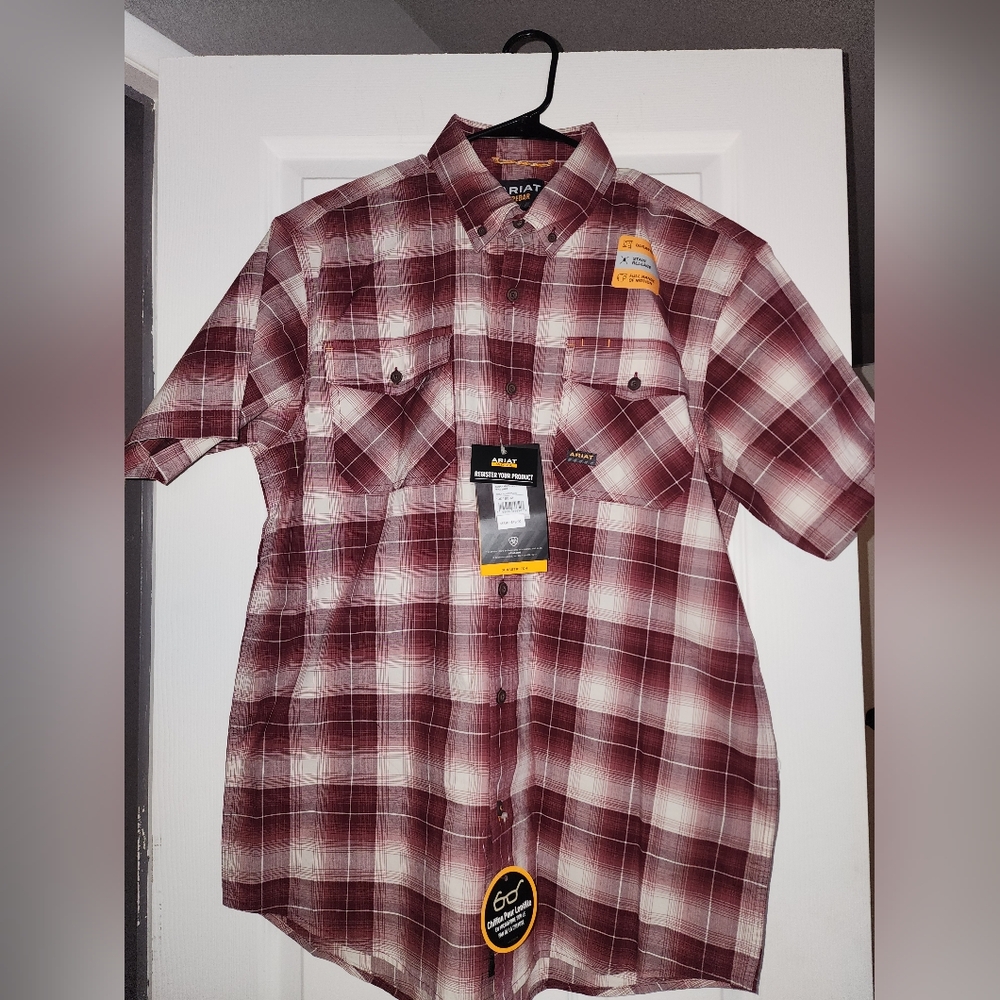 NEW Ariat Rebar Work Shirt – Roan Rouge Plaid – Men’s Medium Stain-Resistant +